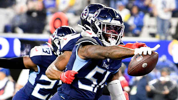 Tennessee Titans linebacker David Long Jr. (51) celebrates his interception during the second quarter at SoFI Stadium Sunday, Nov. 7, 2021 in Inglewood, Calif.